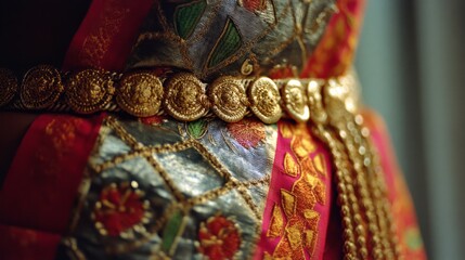 Obraz premium This detailed shot of a richly embroidered fabric with gold accents captures luxurious texture and cultural opulence.