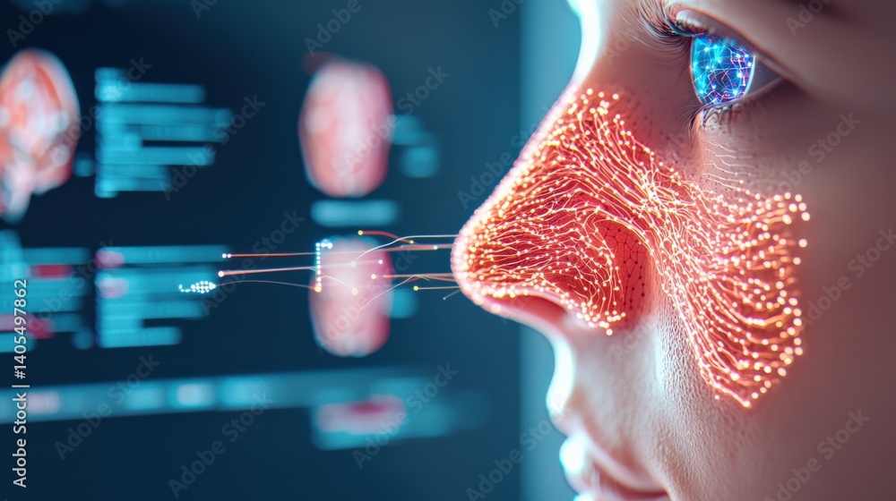 Poster innovative face recognition technology digital lab visual imagery futuristic environment close-up pe