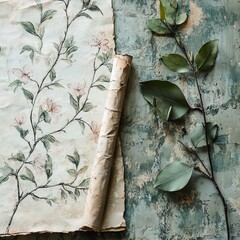 Floral Design on Vintage Paper with Green Leaves and Scroll Detail