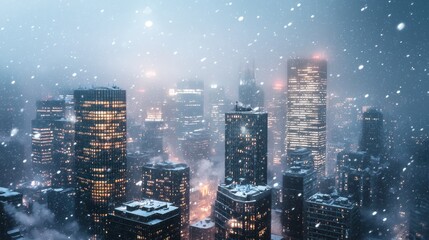 Fototapeta premium Snowy Metropolis Nightscape: An Aerial View of Illuminated Skyscrapers Under a Winter Storm