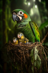 Obraz premium Parrot in Nest with Chicks in Lush Jungle Surroundings