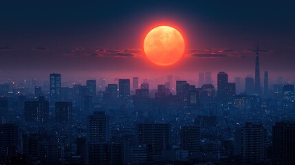 Fototapeta premium Blood Moon Over Cityscape: A Stunning Nighttime View