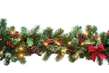 Festive garland with pine, berries, pinecones, and a red bow, twinkling lights, against a stark transparent background