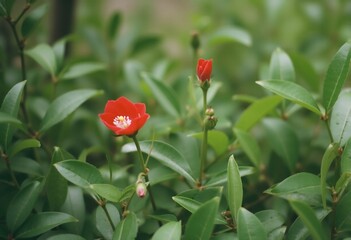 Crimson Flower Bloom: A vibrant red flower with delicate petals stands out amidst lush green foliage, capturing the beauty of a single bloom in a tranquil garden setting.