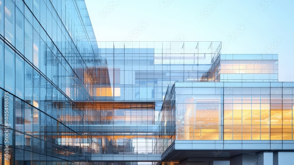 Poster a modern architectural structure featuring multiple glass facades, showcasing a blend of transparenc