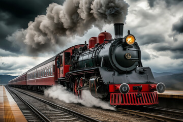 Obraz premium Vintage train steaming through a dramatic landscape
