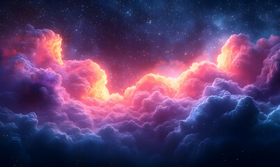 Naklejka premium Vibrant cosmic clouds illuminated by a radiant sunset, set against a starry night sky