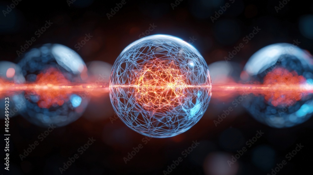 Poster dynamic energy flow of atomic particles laboratory environment digital artwork sci-fi conceptualizat