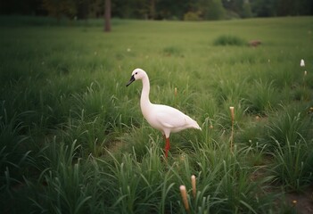 Obraz premium Swan Amidst the Green: A regal swan navigates a verdant field, exuding serenity and grace against a backdrop of nature's palette.