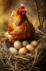 Hen in Nest with Eggs Surrounded by Straw in Cozy Setting