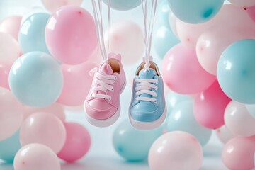 Pink and blue baby sneakers hanging from pastel-colored balloons announce an upcoming arrival