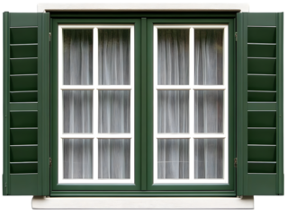 Detailed Green Wooden Window with White Frame and Open Shutters Photo
