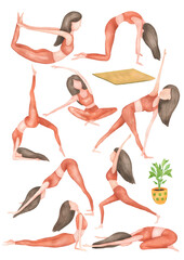 Watercolor set of yoga poses