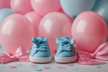 Pair of blue baby sneakers with pink and blue balloons and bows celebrating a newborn baby or gender reveal party