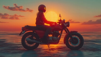 Sunset Ride: A Woman on a Classic Motorcycle at Golden Hour