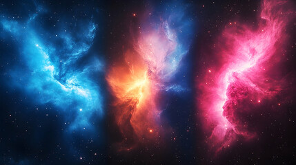 Fototapeta premium Vibrant cosmic nebulae showcasing swirling colors of blue, orange, and pink in deep space