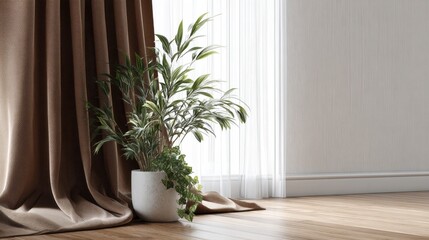 Fototapeta premium Potted plant near brown curtains