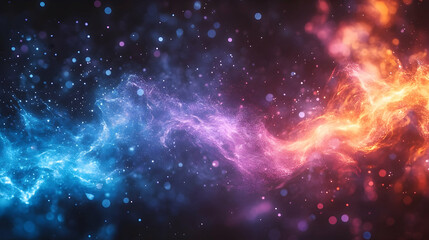 Vibrant cosmic swirl of blue and orange hues with sparkling particles in a dreamy abstract background