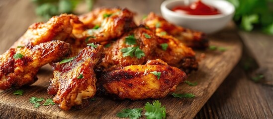 Grilled golden-red chicken wings on a wooden cutting board with fresh cilantro and ketchup, soft lighting highlighting crispy texture.