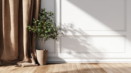 Potted plant by a beige curtain