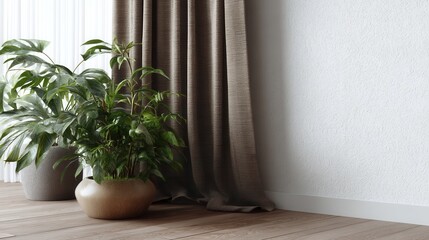 Two potted plants sit near a curtain.