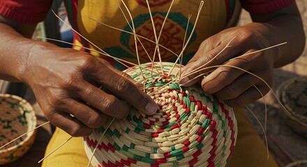 Artisan weaving traditional basket at street market