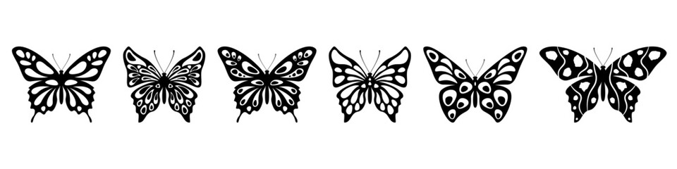 Butterflies black with wing tracery set. Tropical and meadow insects with luxurious wings and antennae for decorative ornament and entomology