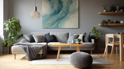 Modern living room with sectional sofa,  gray and teal accents.