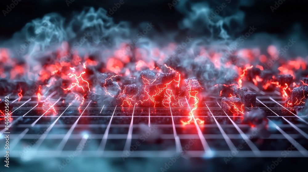Poster electrifying energy burst in digital landscape virtual environment 3d visualization abstract concept