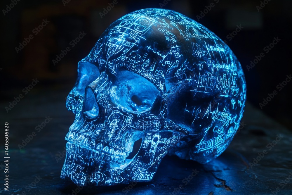 Poster crystal skull illuminated with blue light and covered with mathematical formulas and equations, idea