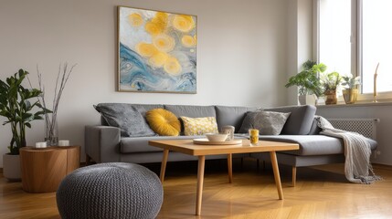 Cozy living room with grey sectional sofa and abstract art