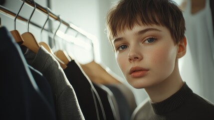 Fashion stylist arranging clothing on rack. Featuring stylish outfits and fashion trends