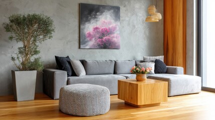 Modern living room with gray sectional sofa and wooden coffee table.