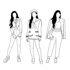 Black and white illustrated outlines of three women wearing distinct, stylish outfits, showcasing contemporary and casual fashion. Perfect for projects related to art, design, or modern clothing style
