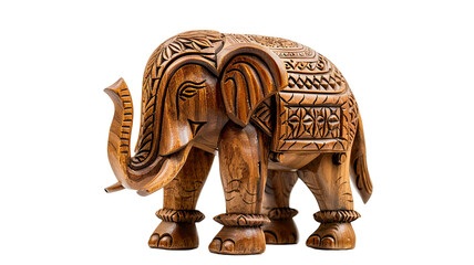 Intricately carved wooden elephant figurine stands against a stark transparent background, with exquisite detailing throughout its form
