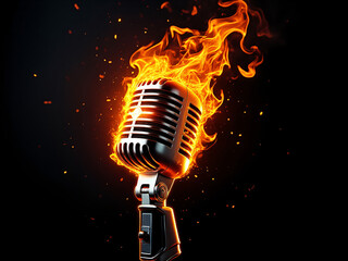 retro microphone on fire on abstract background