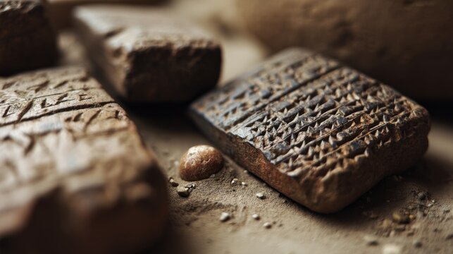 Ancient cuneiform tablets rest on a bed of dust, capturing a moment of history and the enduring legacy of early civilization.