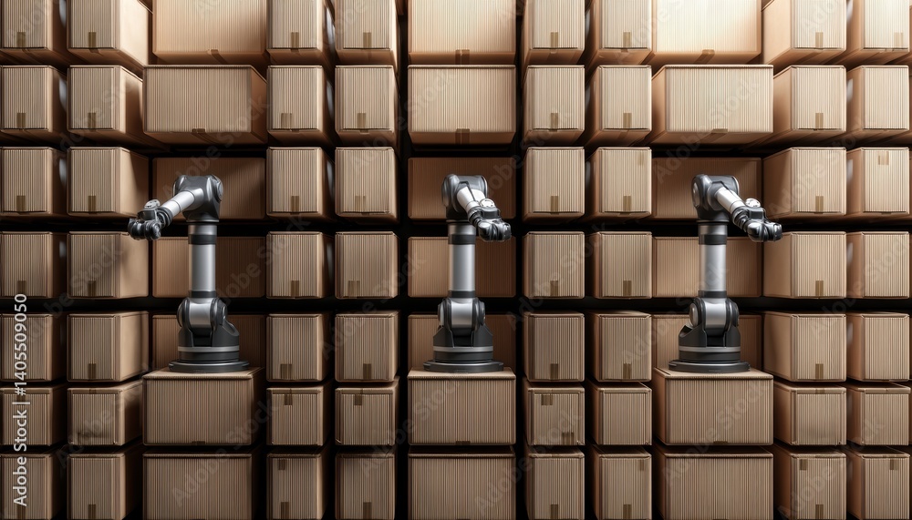 Poster collaborative robots cobots packing goods with human workers, synced to cloud-based inventory manage