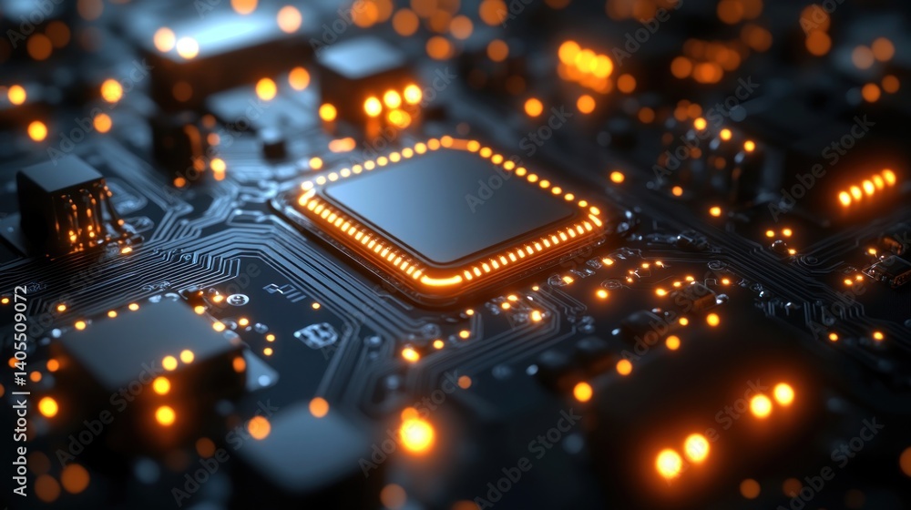 Poster illuminated circuit board: a close-up of microchip technology
