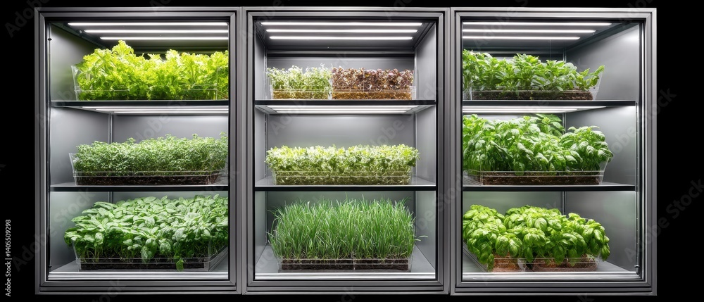 Poster conceptual smart greenhouse using vertical farming, hydroponic systems, and ai-controlled climate se