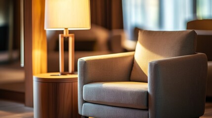 Modern living room with elegant armchair and wooden side table, embodying minimalist comfort and timeless design.

