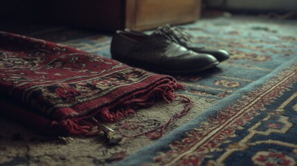 Worn leather shoes rest beside a folded Persian rug on an intricately patterned carpet, evoking a sense of nostalgia and classic charm.