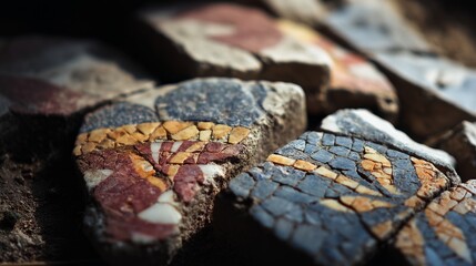 Fototapeta premium Close-up of ancient mosaic fragments with vivid red, yellow, and blue hues, showcasing intricate design and detailed craftsmanship.