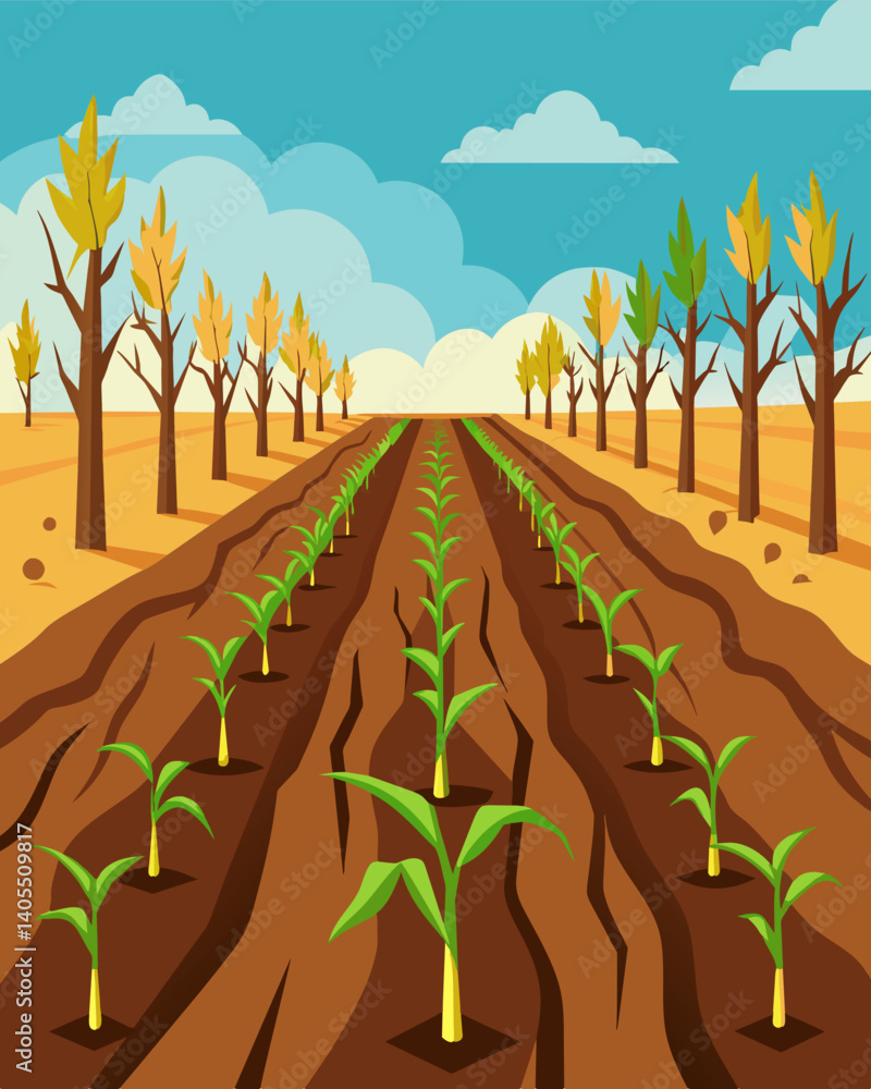 Poster rows upon rows of wilted crops the once fertile soil now dry and eroded unable to support the weight