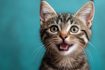 Happy kitten with bright green eyes faces camera against solid blue backdrop, showcasing joyful expression and playful demeanor