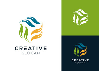 Letter F with leaf forming hexagon logo design