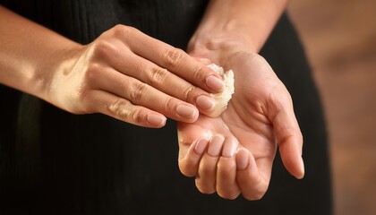 a woman applying smoothing cream onto dry hand