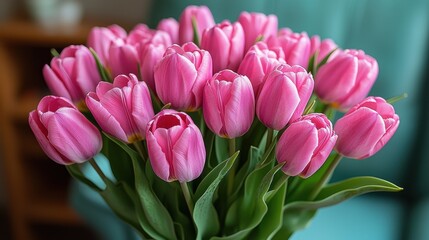 Fototapeta premium A vibrant bouquet of pink tulips fills the frame, showcasing delicate petals and lush green leaves against a blurred teal background