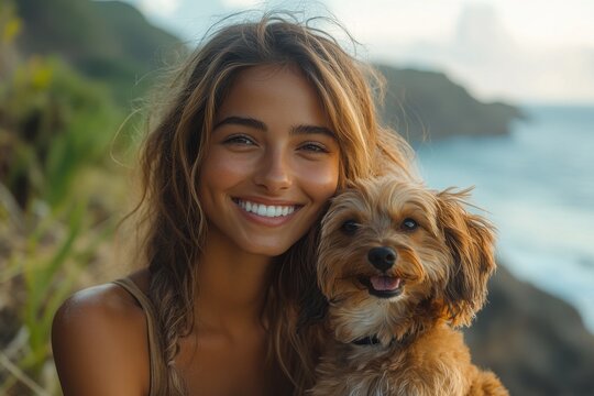 Young woman smiling with her dog at the beach during sunset enjoying a perfect day by the ocean
