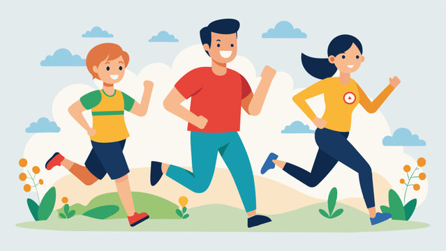 A family participating in a charity run together not only supporting a good cause but also supporting each others physical and mental wellbeing.. Vector illustration